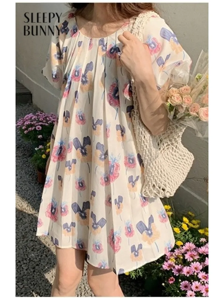 

Cute Floral Mini Dress for Women Lady Puff Sleeve Baby-Doll Outfit Soft Round-Neck Short Dress Sweet Loose Casual Fashion Style