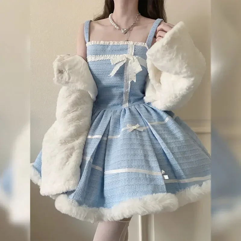 Noël automne hiver Lolita bleu robe élégante 2 pièces ensemble nœud daim manteau court mignon Mini jupe ensemble femmes décontracté polyvalent