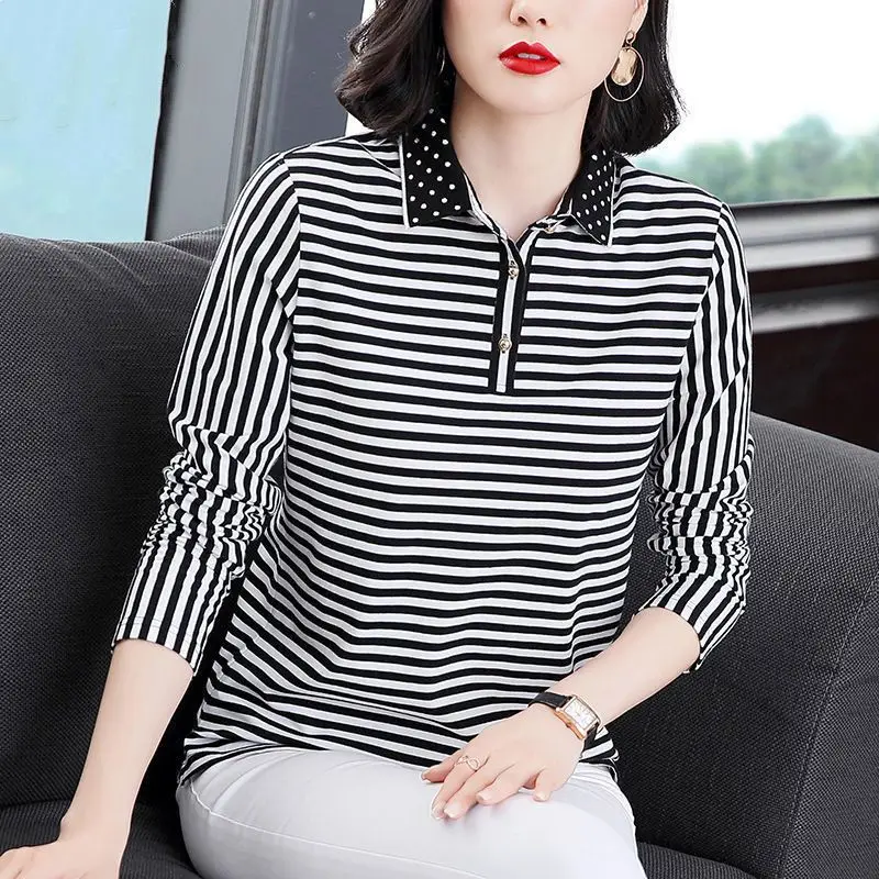 

Striped Polo Shirt For Women With Polka Dot Collar Classic Office Lady Style Casual Wear Long Sleeve Top