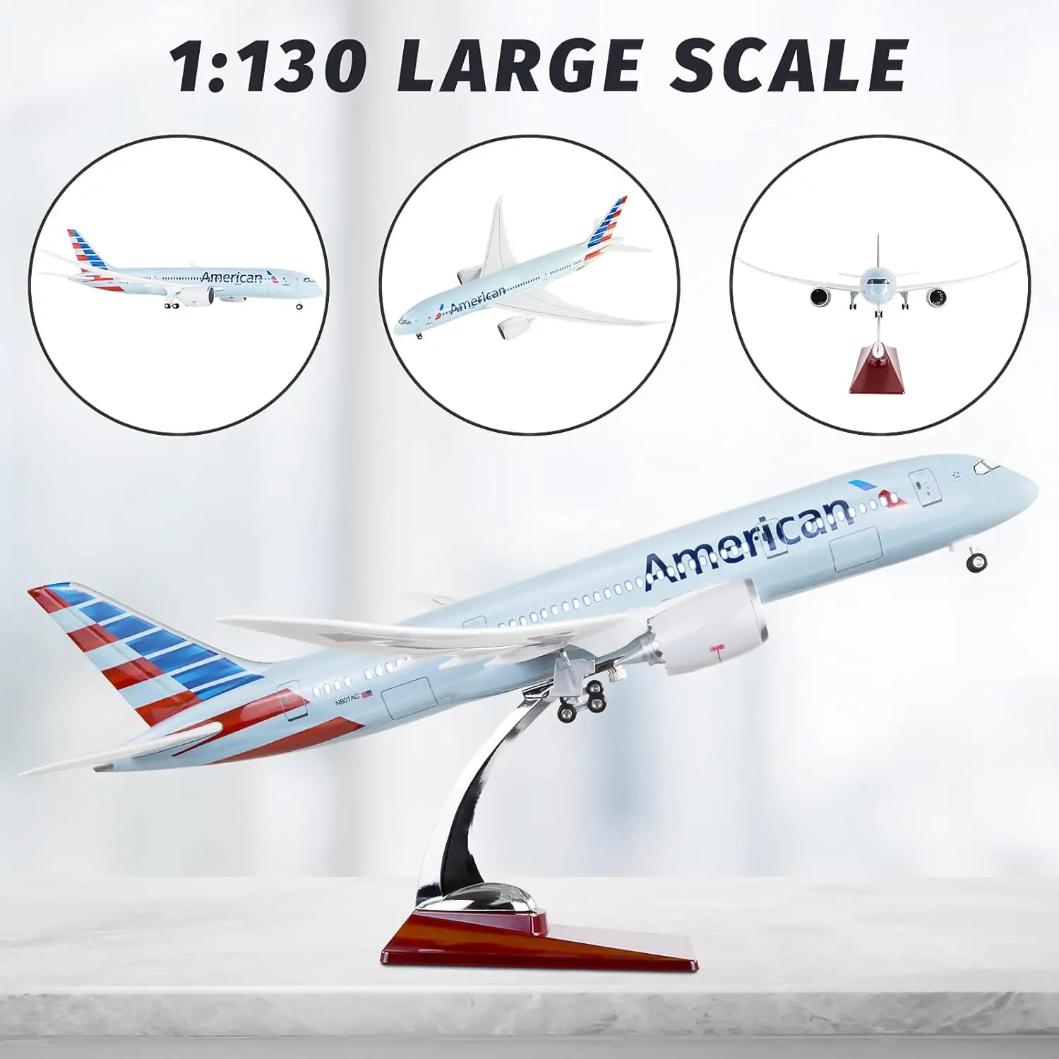 

Масштаб 1/130, 43 см B787, модель американского реактивного самолета Dreamliner, полимерный самолет с подсветкой и колесами — коллекционный подарок