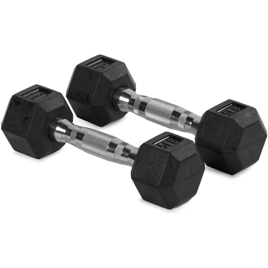 

Пара шестигранных гантелей с резиновым покрытием, устойчивые к рулону шестиугольные грузики, ручки с хромированным покрытием и накаткой, силовые тренировки