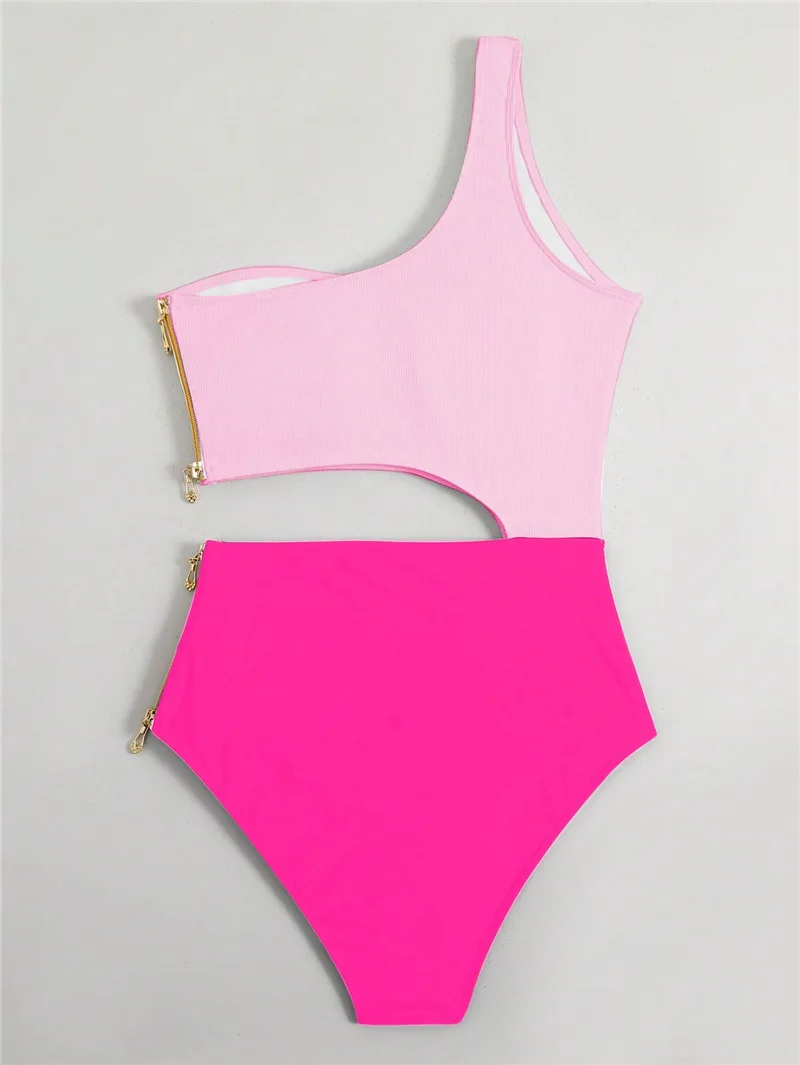 One Shoulder Cut Out Zipper Swimwear Woman 2024 Hollow One Piece Swimsuit Pink Bodysuit Beach Bathing Suit Women Monokini Brazil