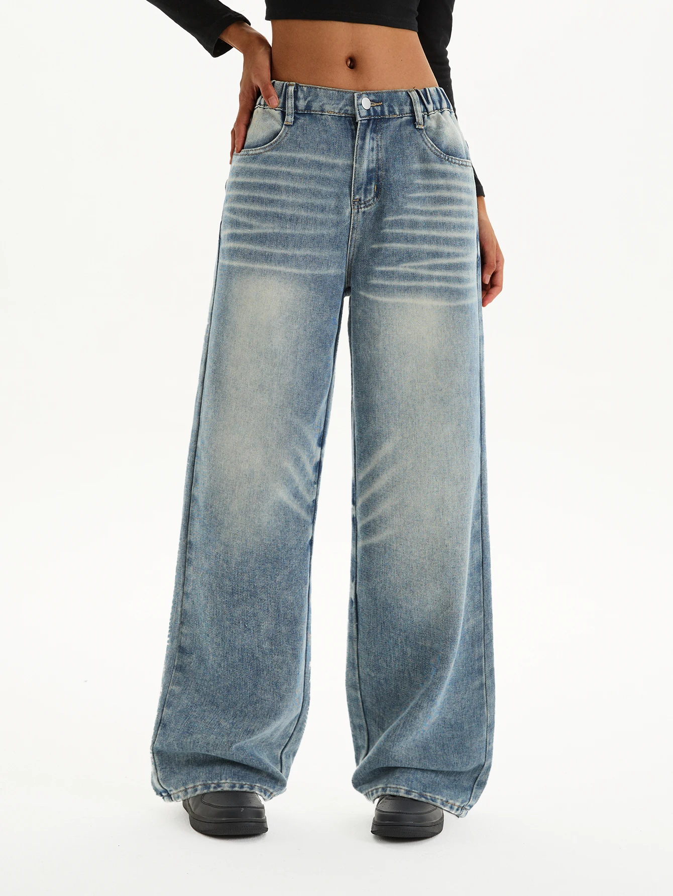 

Минималистичные повседневные длинные прямые джинсы свободного кроя с широкими штанинами для девочек-подростков