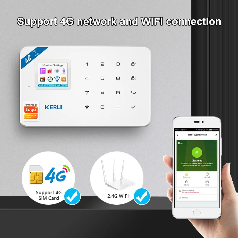 KERUI W184 Tuya 4g Smart Life 433mhz Wireless Home Security Equipment 4G Alarm Built-in Siren With Door Motion Sensor