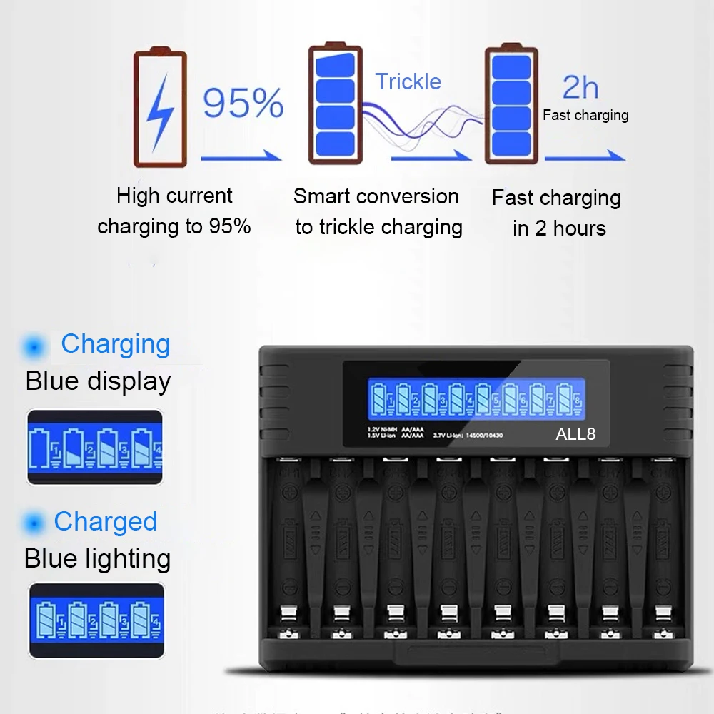 Intelligent Smart battery charger LED display, 8-slot lithium battery charger, for 1.5V 3.7V AA/AAA NiMH