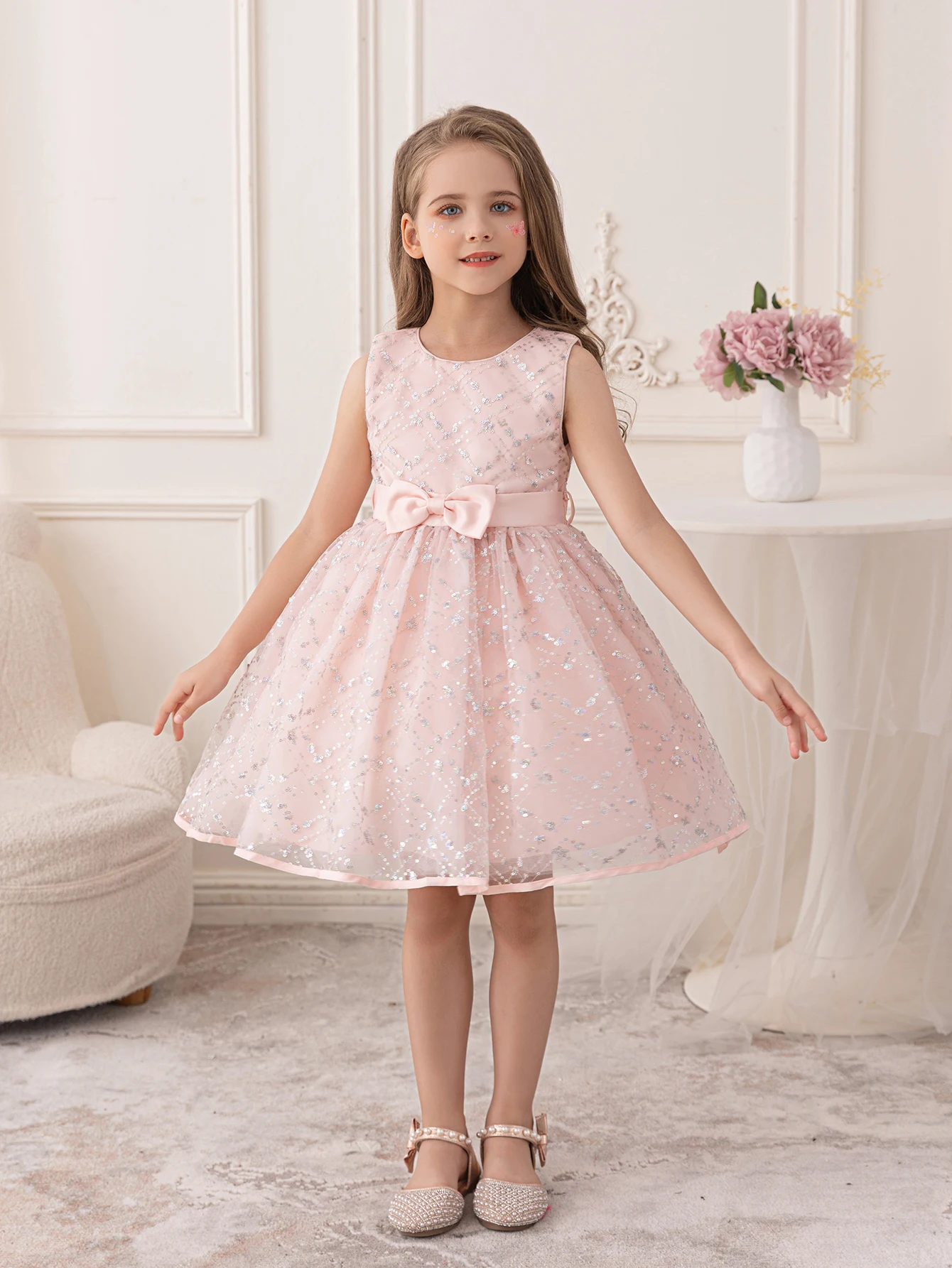 Girl's Pink Tulle Dress With Sequins for Girls Serving as Wedding Flower Girls Short Puffy Gauze Skirt Design
