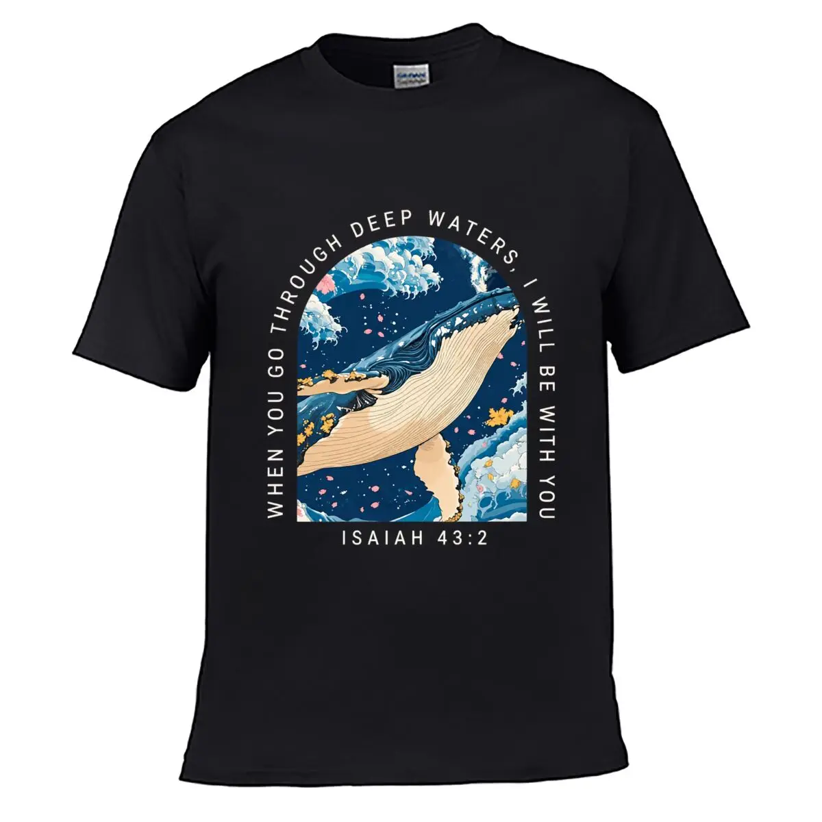 Through Deep Waters Whale Wave Isaiah 43 2 Christian Art Solid Washed Vintage Tee Distressed Loose