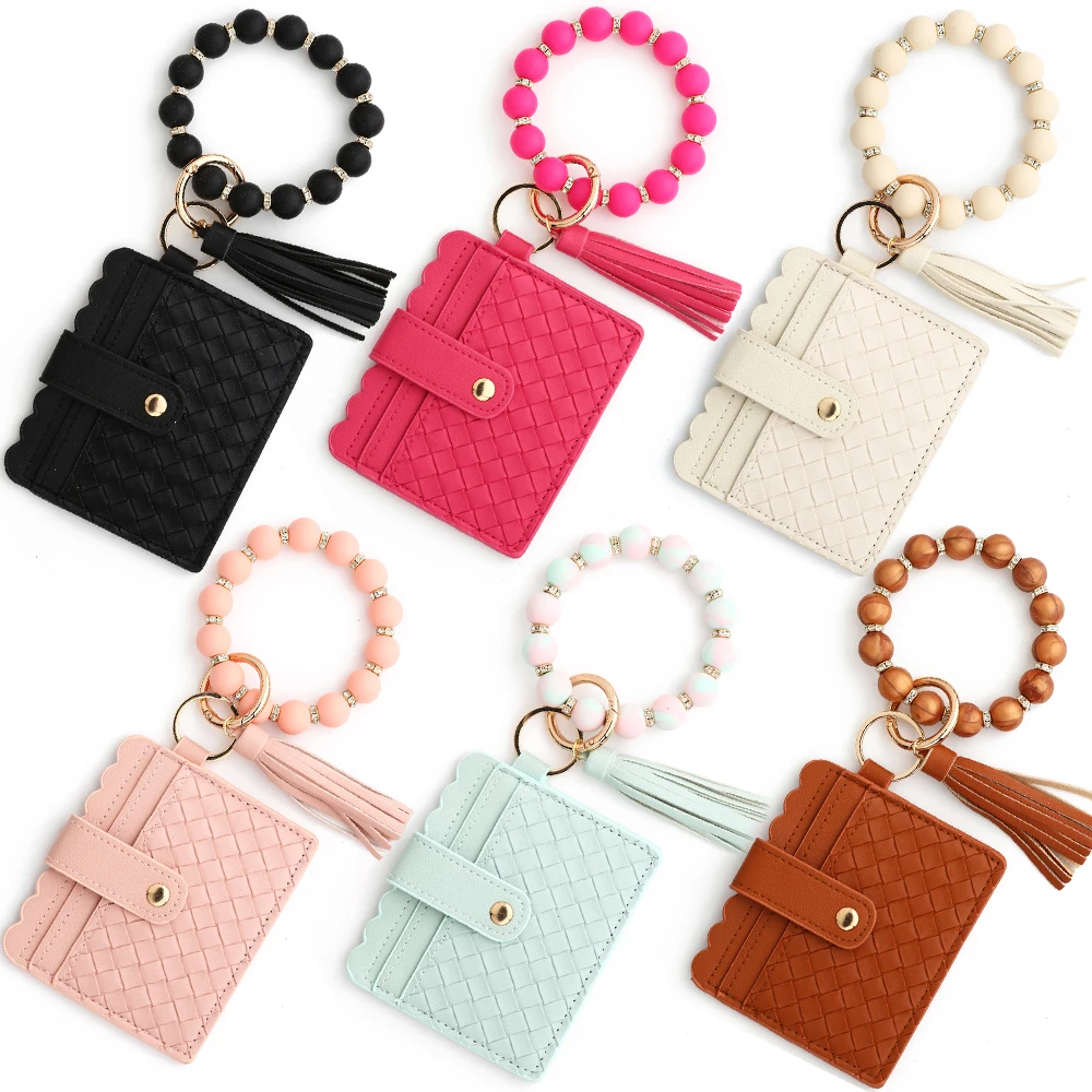 2024 New PU Card Holder Silicone Beaded Bracelet Keychain Card Holder Women's Wallet   Leather Woven Card Bag Zero Wallet