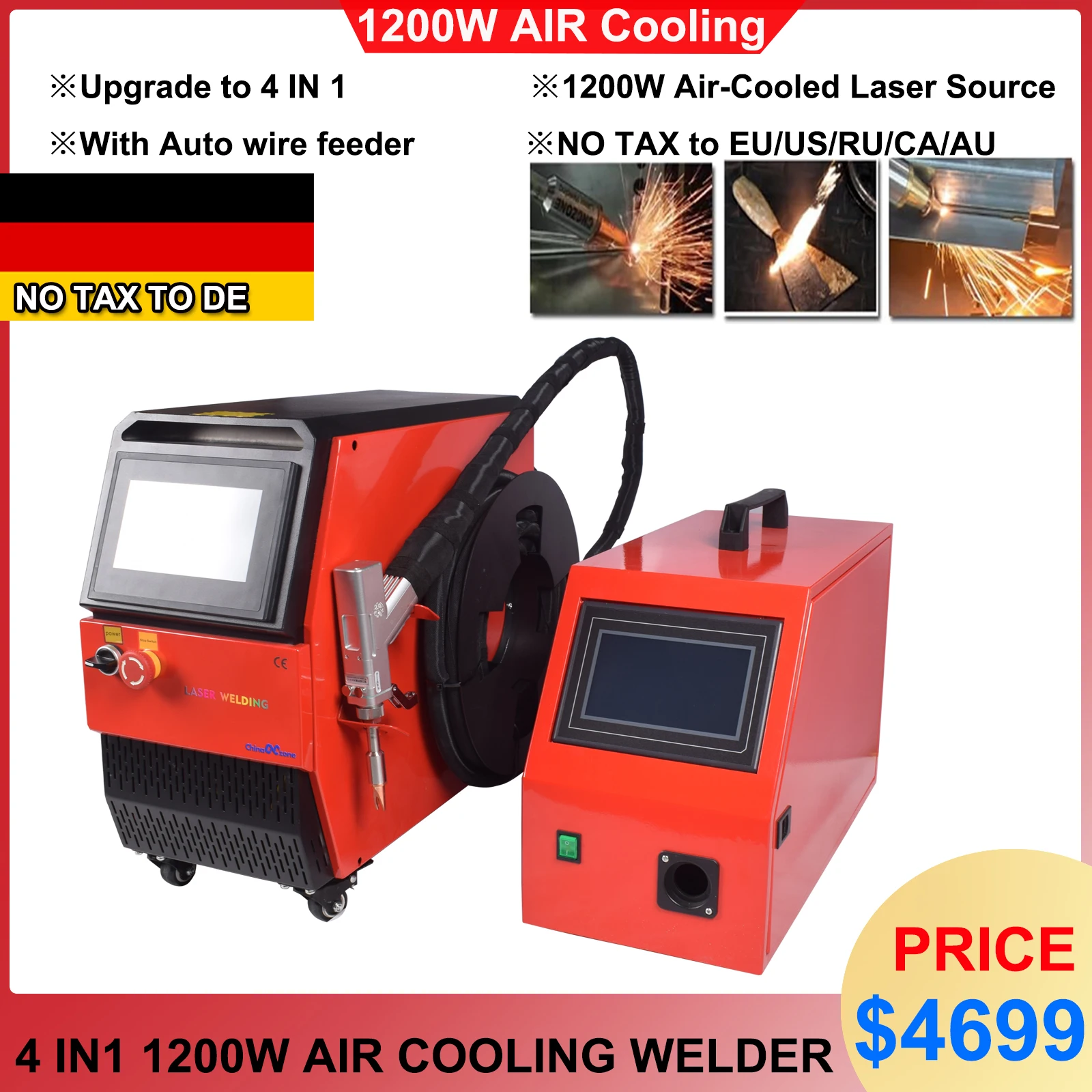 EU Ship 1200W Handheld Laser Welder Fiber Laser Welder Cleaning Machine for Metal Weldings Cleaning Cutting Air Cooling Welding