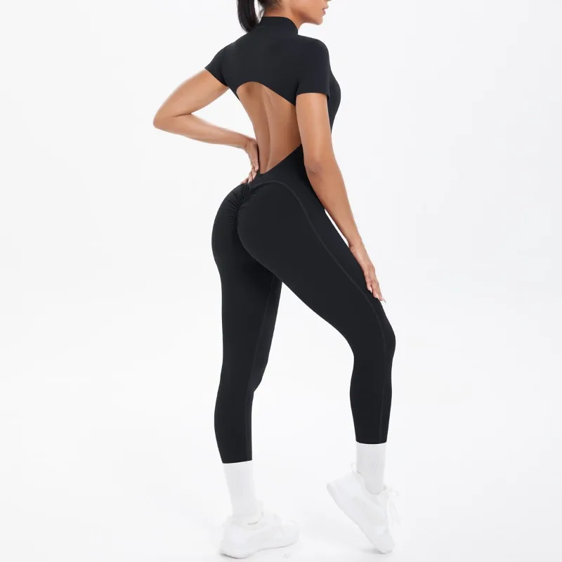 

New Women's Yoga Jumpsuit Front Zipper Tight Back Hollow Out Short Sleeve-pants Activewear for Fitness Running Gym Workout