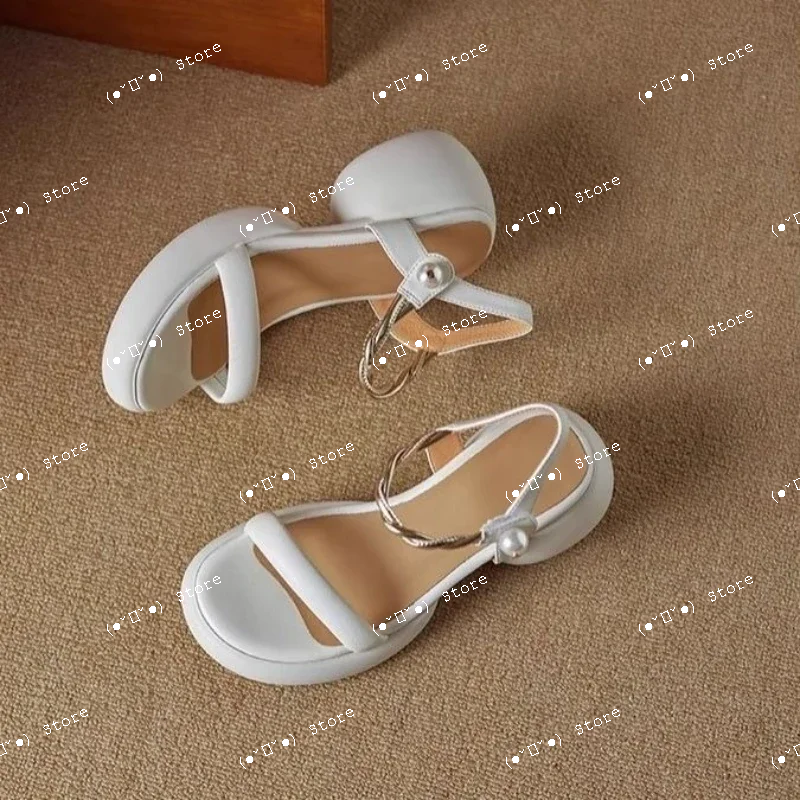 

2025 New Fashionable High Heel Pearl Button Open toed Sandals for Women's Summer Outerwear Thick soled Commuting Beach Shoes
