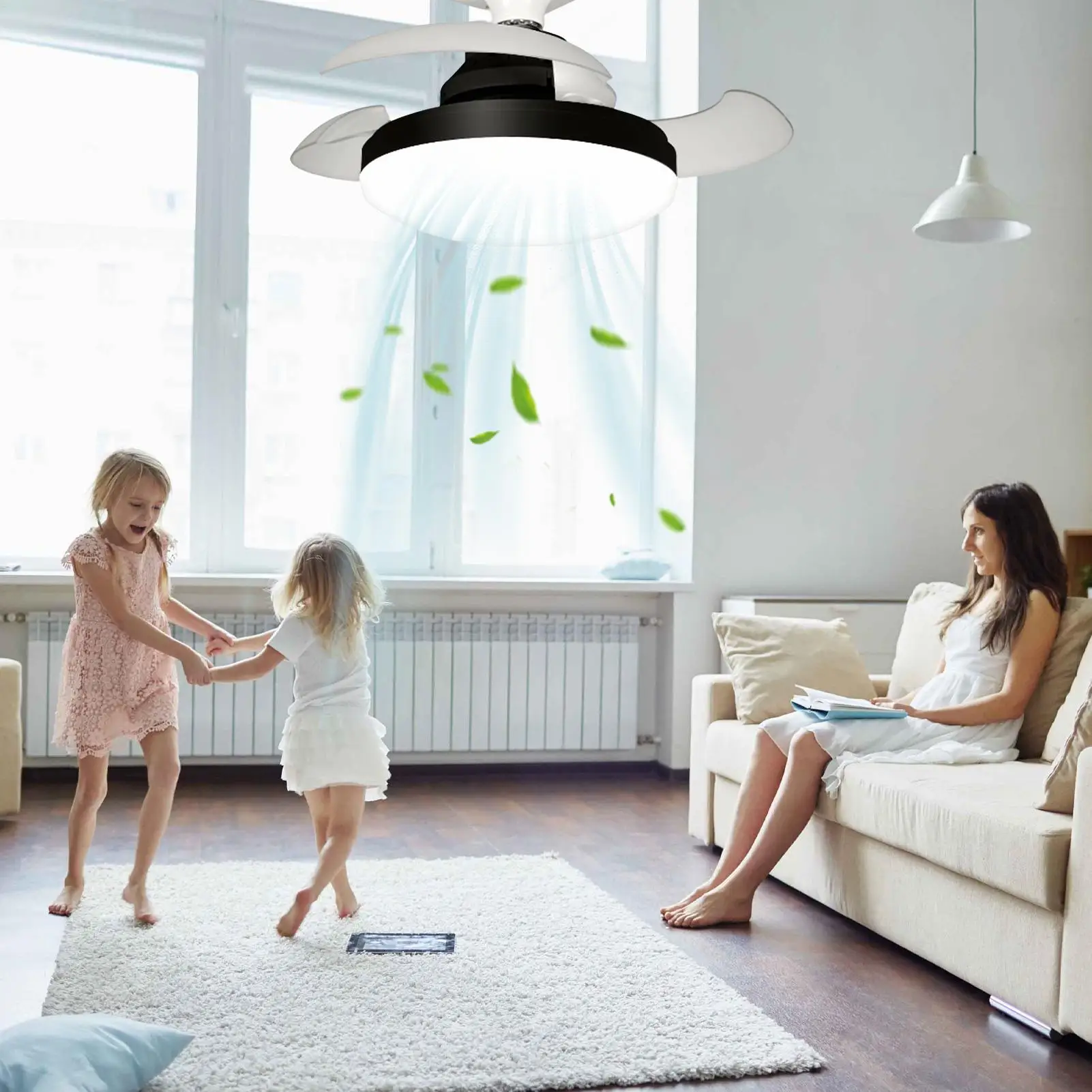 Ceiling Fan Light Remote Control Retractable Ceiling Fan Space-Saving Noiseless Blower Cooling Device For Nursery Living Room
