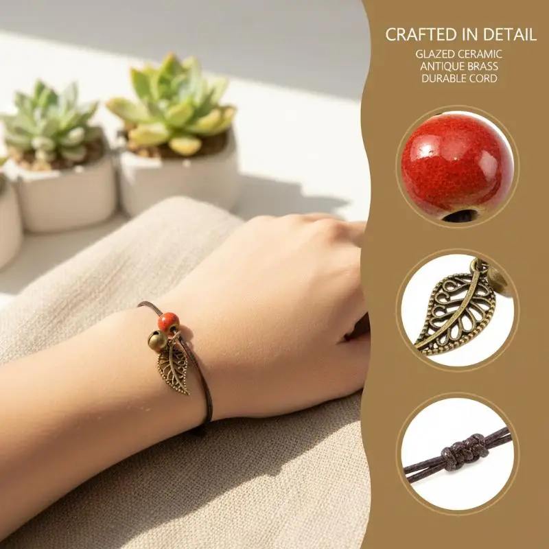 Ethnic Style Bronze Leaf anklet for Women Vintage Bell Charms With Colorful Ceramic Beads Summer Jewelry