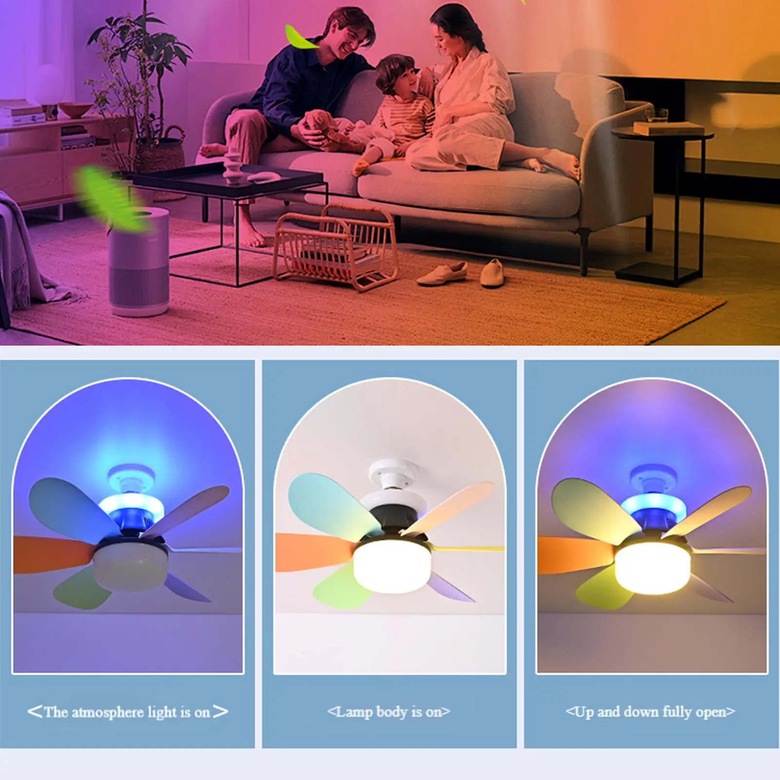 Smart Ceiling Fans With Lights 6-blade Quiet LED RGB Ambient Light 3 Speeds E27 Screw Mouth Removable Lamp For Kids Room
