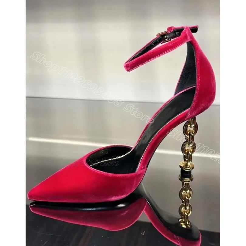 Red Metal Chain Heels Pumps Pointed Toe Ankle Buckle Solid Summer New Style Casual Party Women Shoes 2024 Zapatos Para Mujere