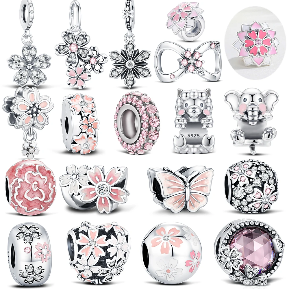 Pingentes de flor de cerejeira rosa em prata esterlina 925, pingentes naturais que se ajustam a pulseiras originais, fabricação de joias DIY para presentes femininos