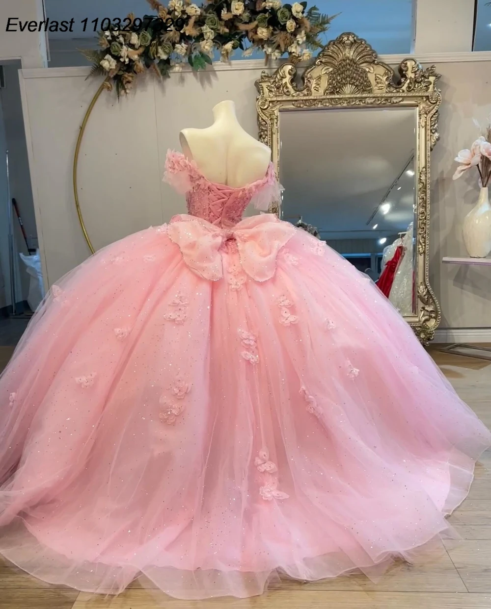 EVLAST Customized Pink Quinceanera Dress Ball Gown Butterfly Applique Beaded Bow Mexican Sweet 16 Vestido De 15 Anos TQD979