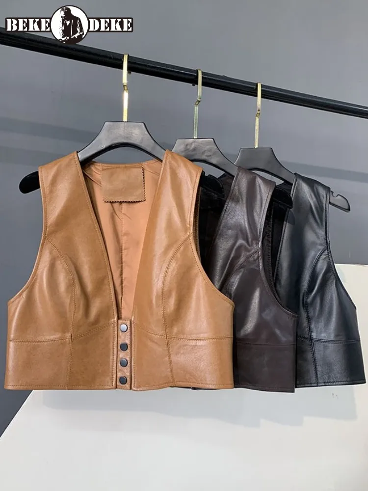 

Leisure Style V-Neck Single-Breasted Genuine Leather Vest Straight Sheepskin Sleeveless Solid Color Female Handmade Outerwear