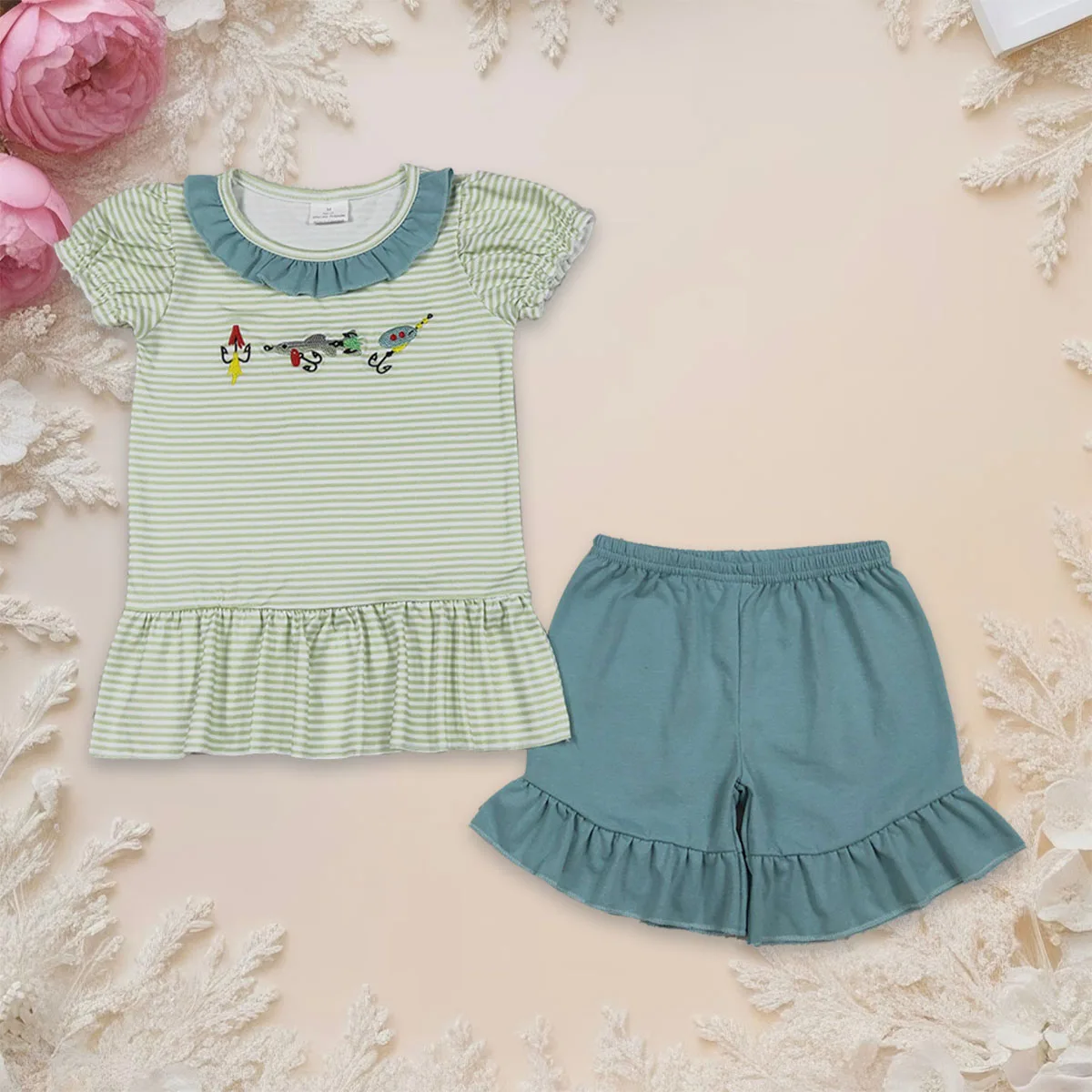 

Детская модная одежда, наряд для маленьких девочек, милая туника с вышивкой и воротником в полоску для рыбалки, топ, шорты с рюшами, одежда для охоты и малышей