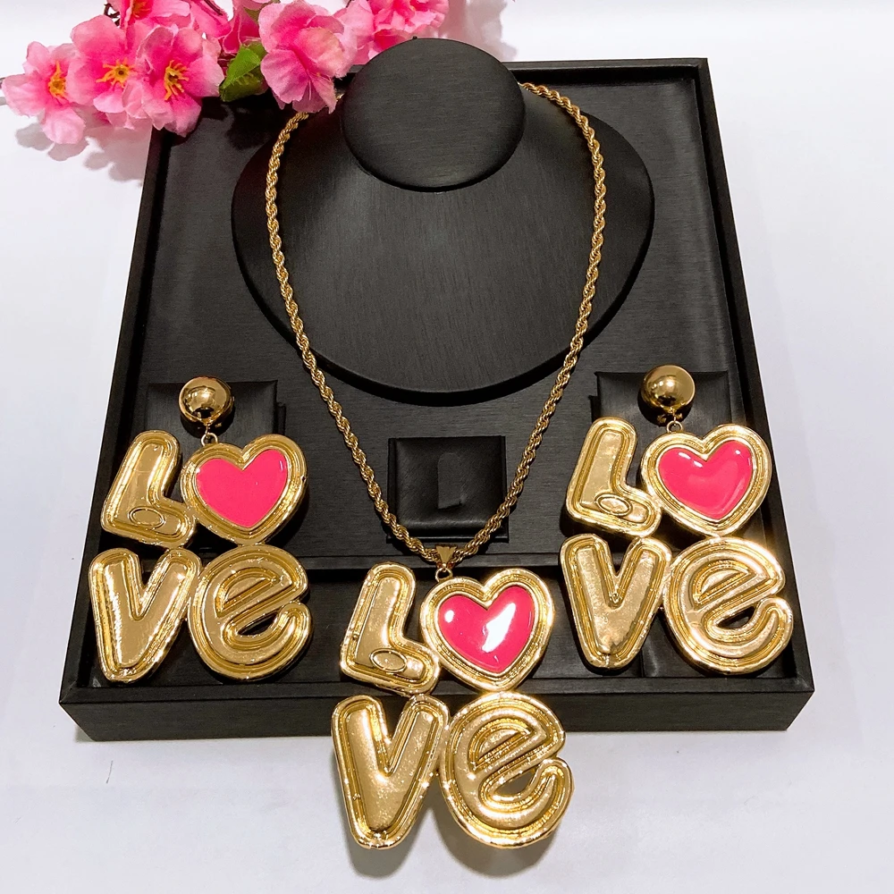 Trendy LOVE Heart Jewelry Set 2Pcs Gold Plated Enamel Statement Big Big Pendant & Earrings for Women