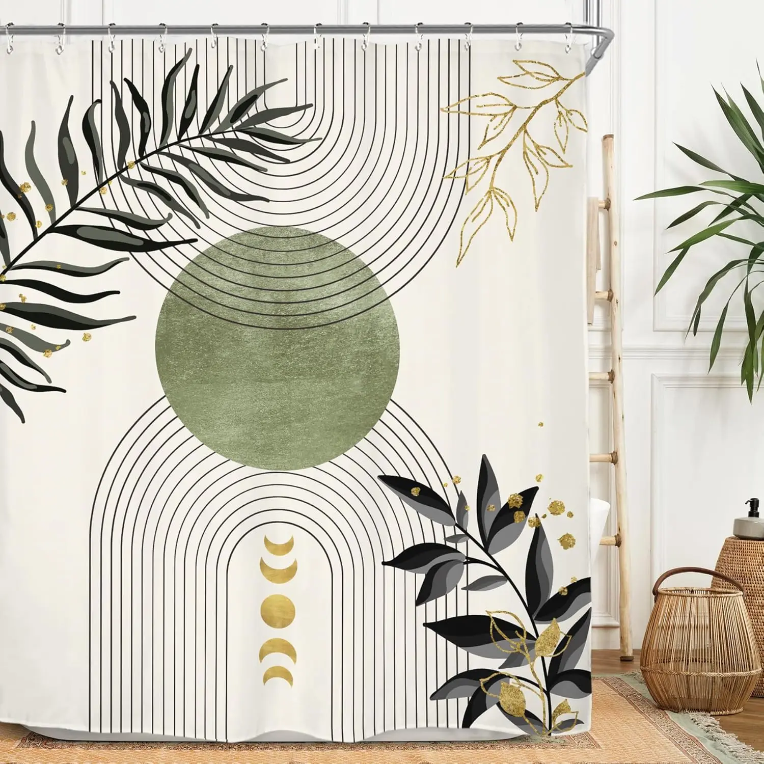 

Miyotaa Minimalist Sage Green Black Shower Curtain Set 60Wx71H Inches Abstract Modern Contemporary Aesthetic Arch Moon Phase Neu