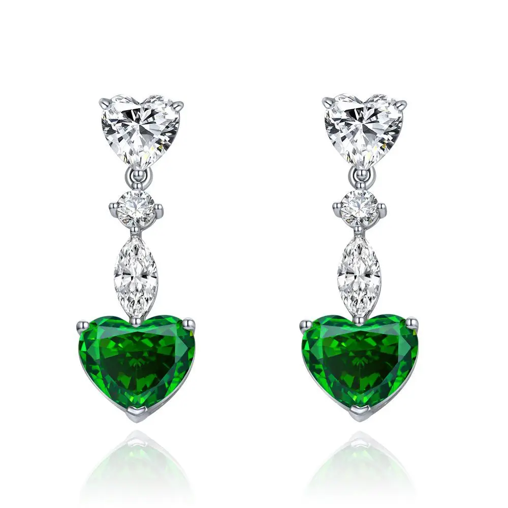 

925 Sterling Silver Ladies Drop Earrings Emerald Green CZ Heart Shape Classic Style with Zircon As Main Stone