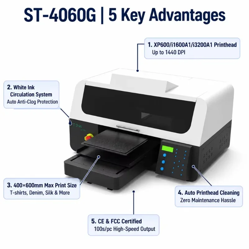 Customized 400x600mm DTG T Shirt Printer Direct To Garment Printing Machine White Ink Auto Cleaning Cotton Denim Silk CE FCC Cer