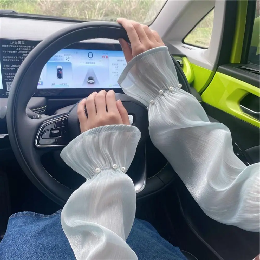 

Lace Ice Silk Sleeves Gloves Transparent Shiny Summer Sunscrean Sleeves Pearl Outdoor Arm Cover Driving Arm Sleeves Driving