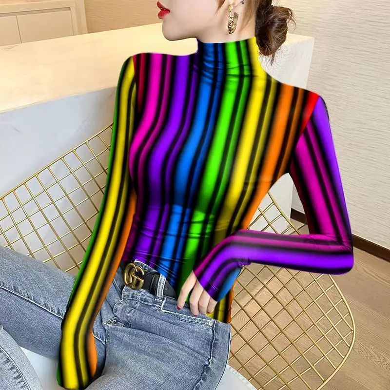 Women\'s Half High Neck Thin Bottom Tops 2023 Autumn and Winter Fashion Color Striped Long Sleeve Slim Pullover All-match T-shirt