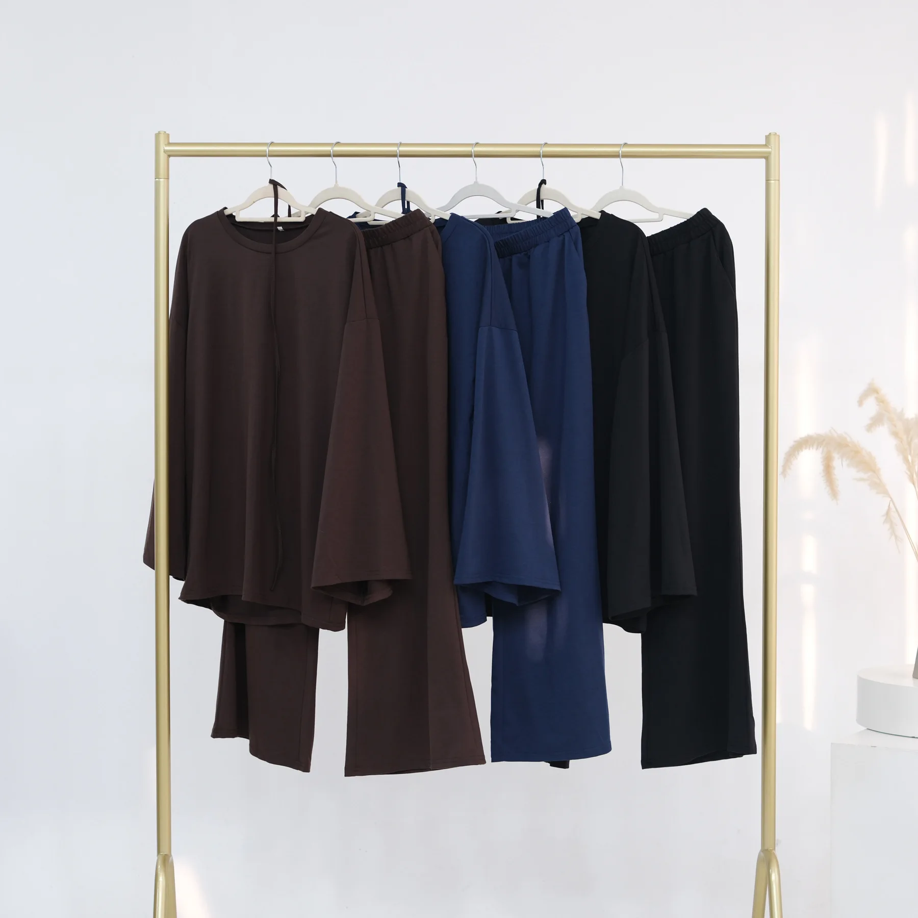 Muslim Women 2 Piece Set Pleated Long Sleeve Tops Wide Leg Pants Trousers Suit Dubai Abaya Turkish Kaftan Dress Gown Eid Mubarak