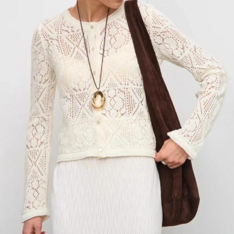 

Fashion Elegant Knit Cardigan 2025 Solid Color Buttons Hollow Thin Women's Cardigan Top