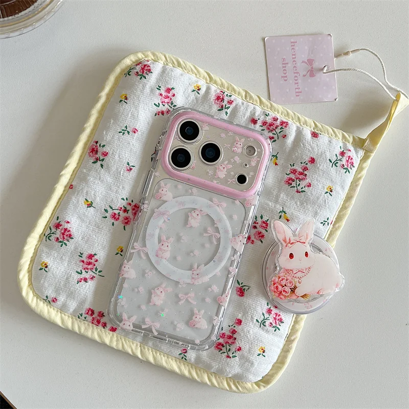 

Shockproof Clear Phone Case For iPhone 14 15 16 17Pro Max Pink Bunny Print For MagSafe Glitter With Bunny Pop Socket Cover