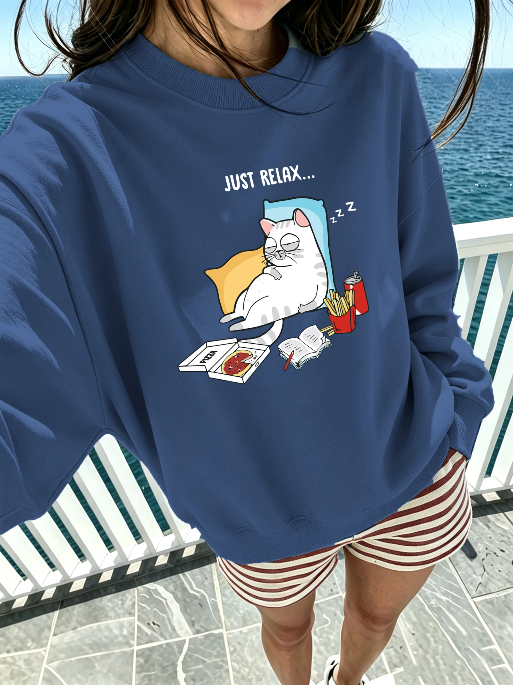 Just Relax A Lazy Cat With Drowsiness Print Female Sweatshirts Breathable Personality Top Trendy Simple Clothes Soft Street Tops