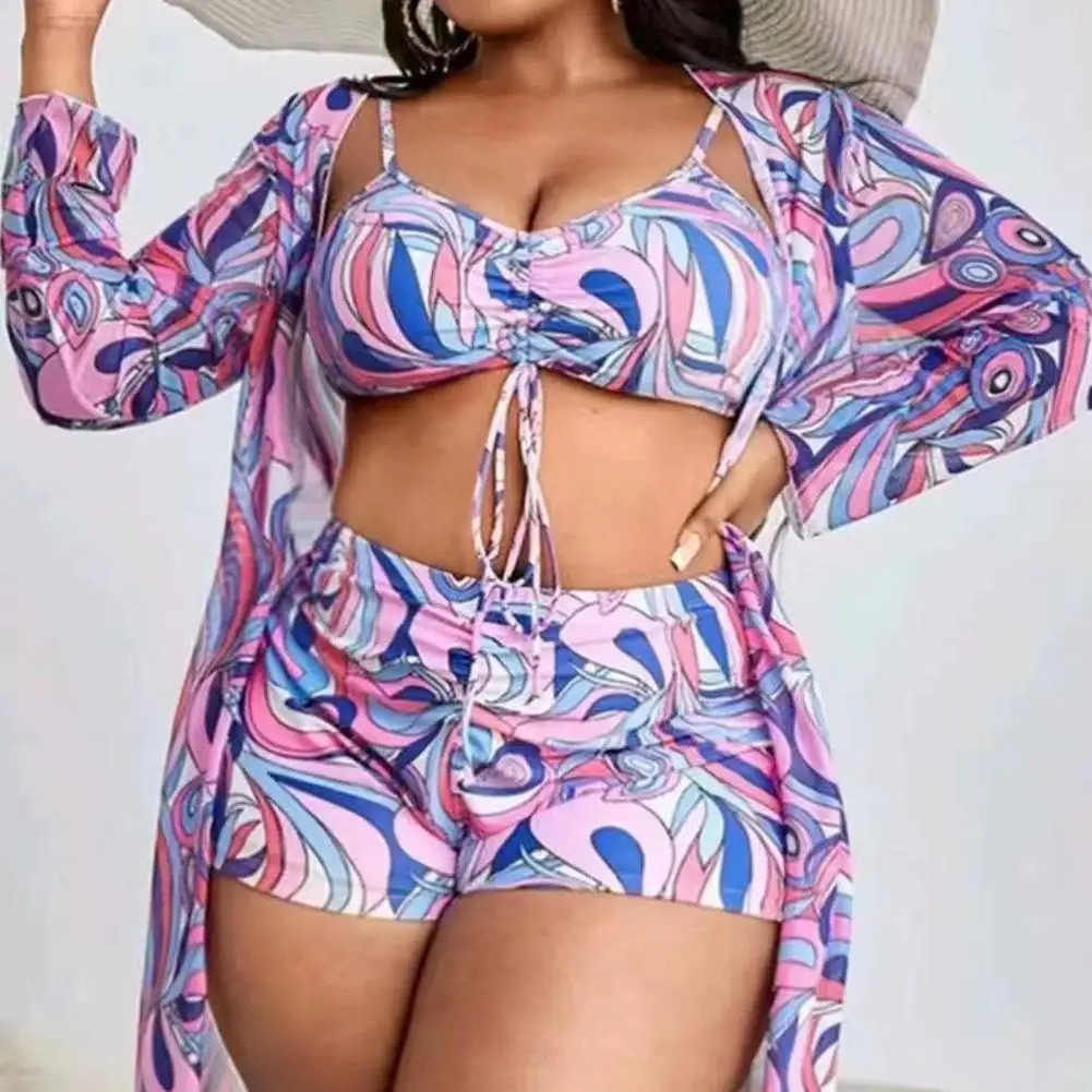 Beach Style Swimwear Set Stylish 3-piece Women's Bikini Set with High Waist Swimming Trunks Sunscreen Cardigan Quick for Summer