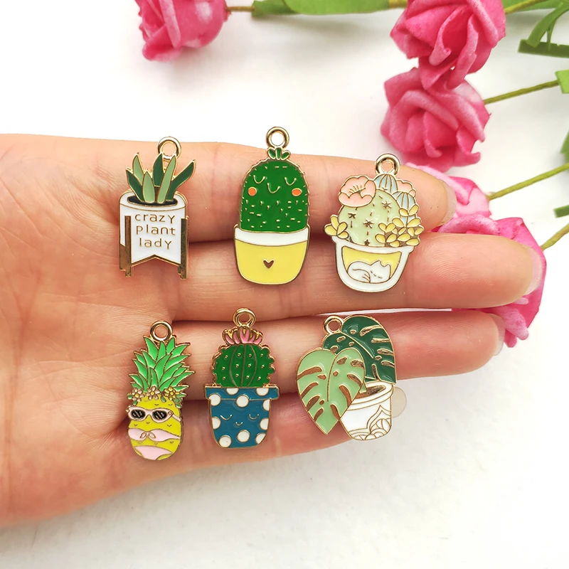 10PCS Cactus Alloy Pendant Enamel Accessories DIY Plant Fairy Succulent Pendant Earrings Charm Arts and Crafts Accessories