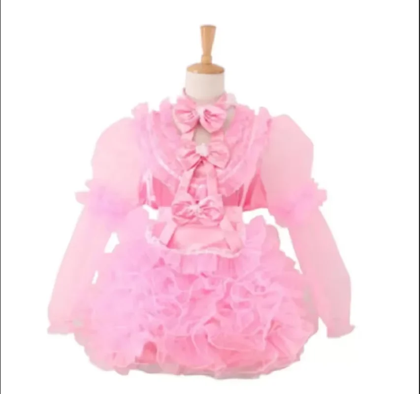 

Fashionable Adult Giant Baby Pink Satin Low Chest Bow Short Dress Organza Long Sleeves Multi layered hem Multi color Lockable