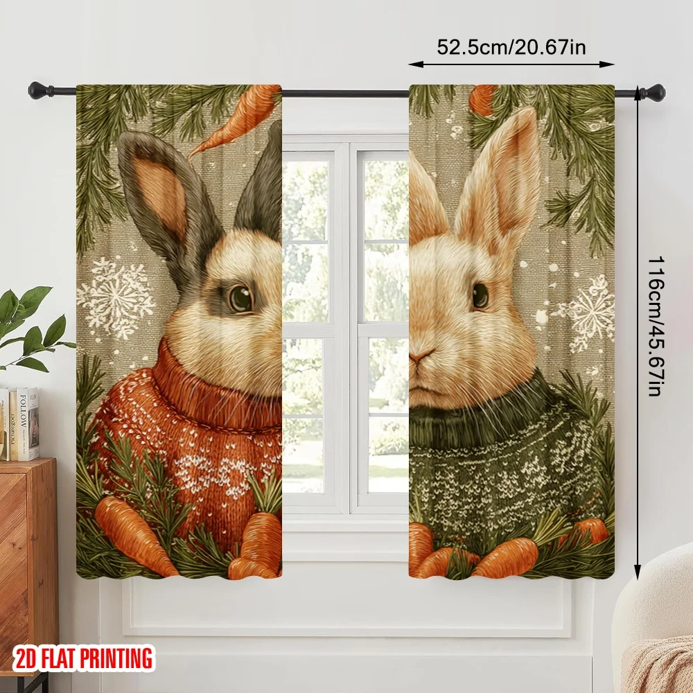 2pcs,2D plane printing Popular Curtain Panels Rabbit with Pine Branches & Snowflakes Versatile Durable Polyester (without rod)