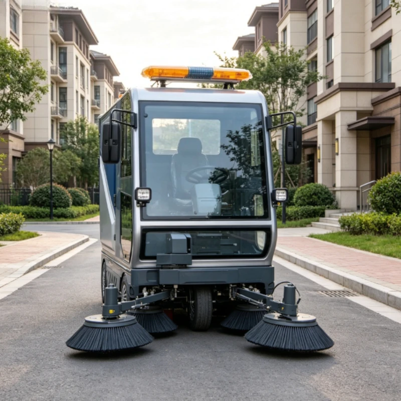 Fully Closed Driving Ride On Lithium Road Sweeper Rain Resistant Cabin Double Vacuum Suction Municipal Machine