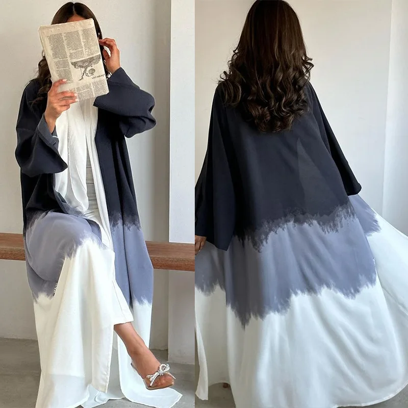 New Muslim Fashion Tie Dyed Kimono Open Abaya for Women Cloak Cardigan Robe Black White Grey Coffee Dubai Islamic Clothing