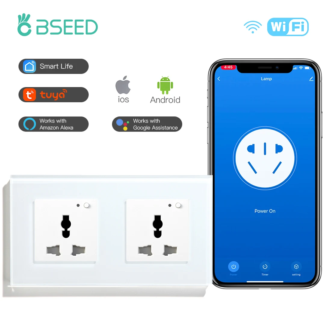 BSEED Multifunction Double Wall Sockets Wifi Control Glass Crystal Sockets Smart Socket Google Alexa Smart Life Tuya APP