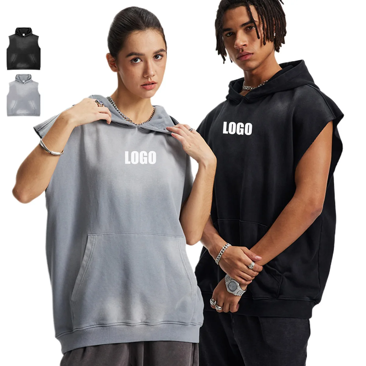 Custom LOGO Men's  2025 Spring and Summer 380G Heavy 100% Cotton New Sleeveless Loose Edge Spray Dyeing Old Hoodie Vest Sweater