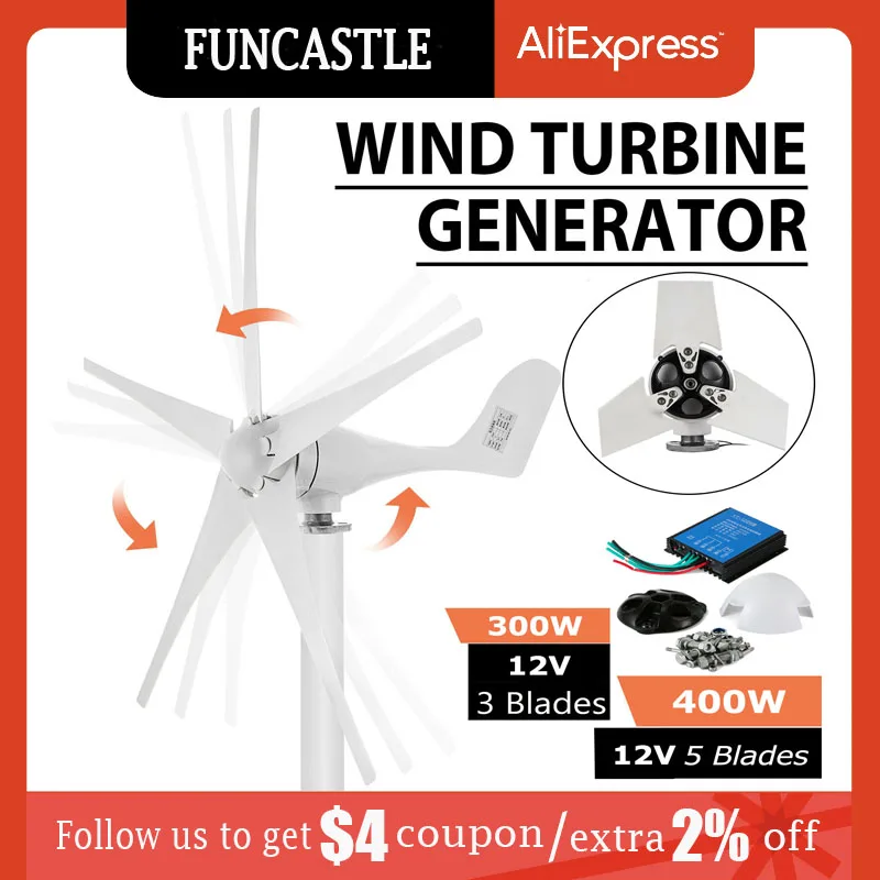 

Wind Turbine Generator 300W 400W With Charge Controller 12V 3/5 Blades Wind Generator Yacht Farm Small Generator for Home