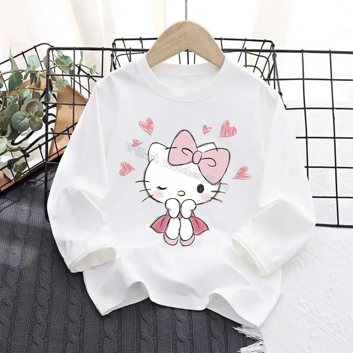 Hello Kitty Long Sleeve for Children Cute Cartoon T-shirt New Girls White Casual Clothes Blouse Fashion Kids Clothing Top Gift