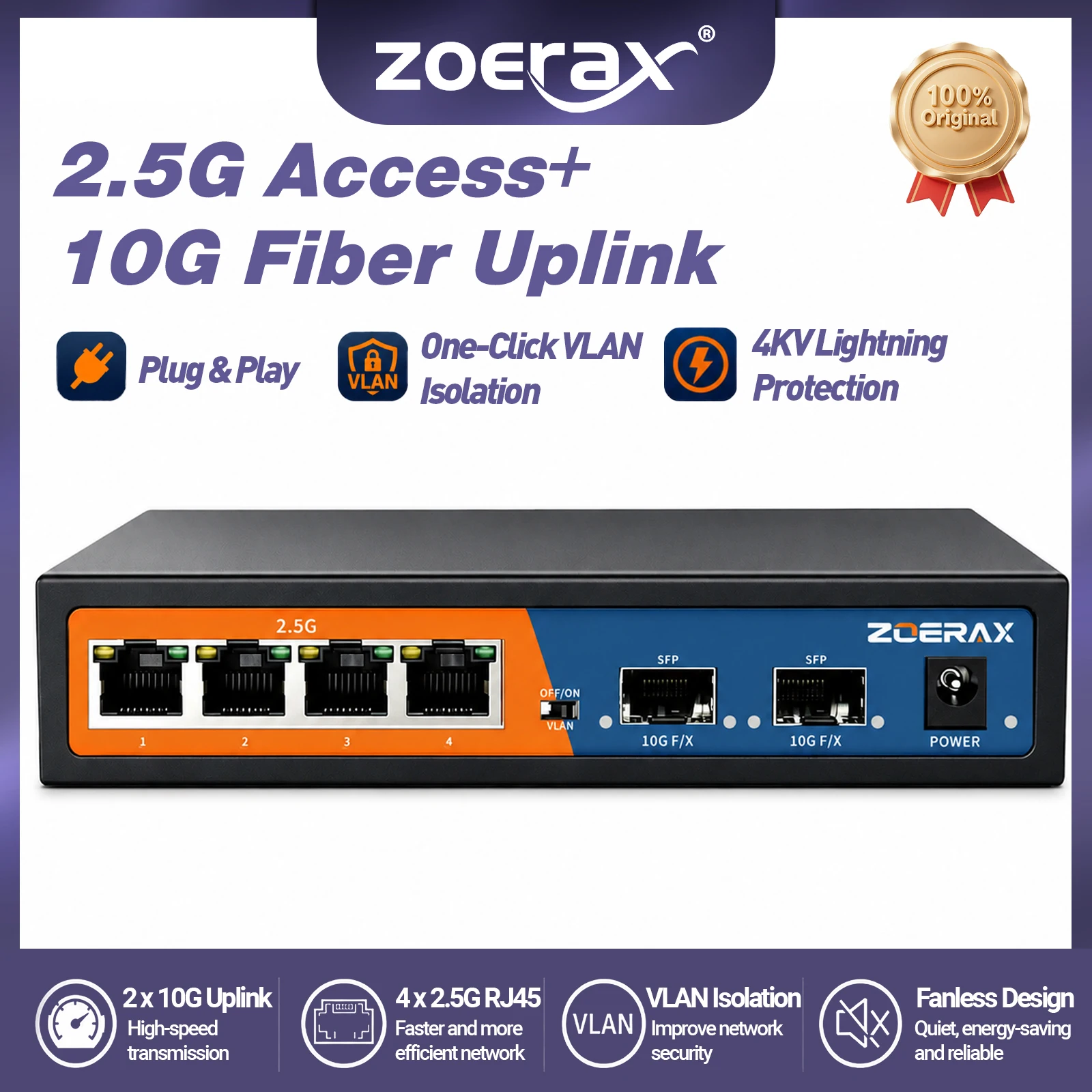 ZoeRax 6 Port Multi-Gigabit 2.5G Ethernet Switch Unmanaged 4 Port 2.5Gb RJ45 + 2 Port 10G SFP+ Uplink Plug & Play VLAN