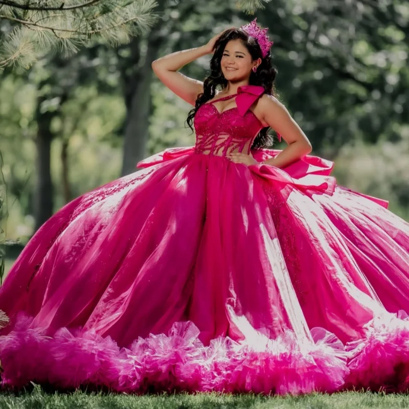 Rose Red Quinceanera Dress Glitter Crystal Decal Long tail off-shoulder Lace Ruffles Bow Vestidos De 15 Quinceanera Customize
