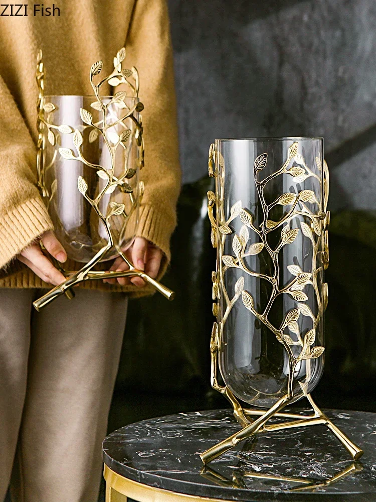 

Glass Metal Vase Golden Hollow Out Leaves Branch Handmade Transparent Flower Arrangement Modern Home Decoration Flower Vase