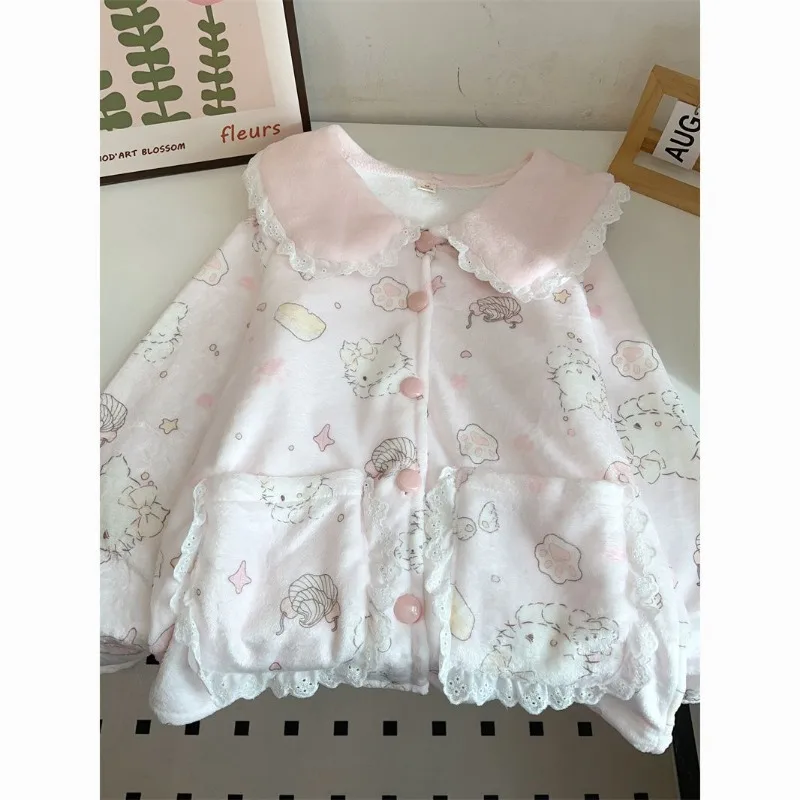 

Коралловые бархатные пижамы в стиле принцессы с кукольным воротником, зимние фланелевые утепленные пижамы для девочек с рисунком «Hello Kitty», милый кружевной воротник, домашняя одежда