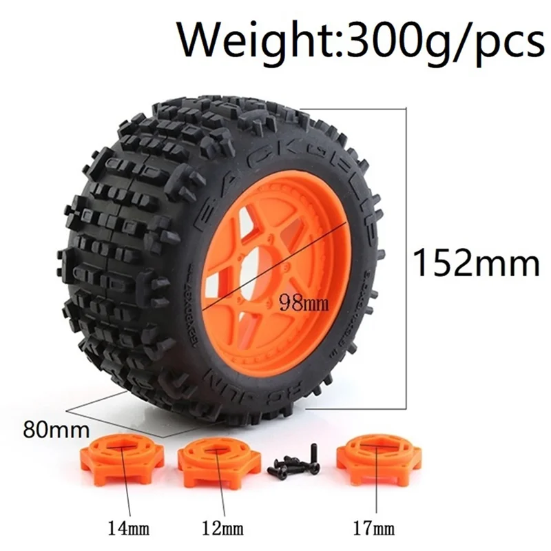 4Pc 152mm 1/8 1/10 for Monster Truck Tire with 12mm 14mm 17mm Wheel Hex for TRAXXAS Sledge E-Revo ARRMA KRATON Outcast,2