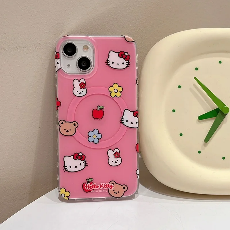 Cute Pink Cartoon Hello Kitty Magnetic Bracket Magsafe Wireless Charge Phone Case For iPhone 13 12 14 15Pro Max 11 Cover