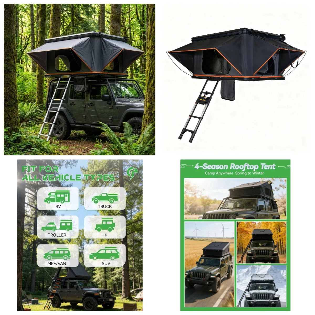 SUV Pickup Roof Tent Hard Shell Foldable Waterproof Rooftop Camping Tent Outdoor 2-3 Person 4-Season Double Layer Automatic